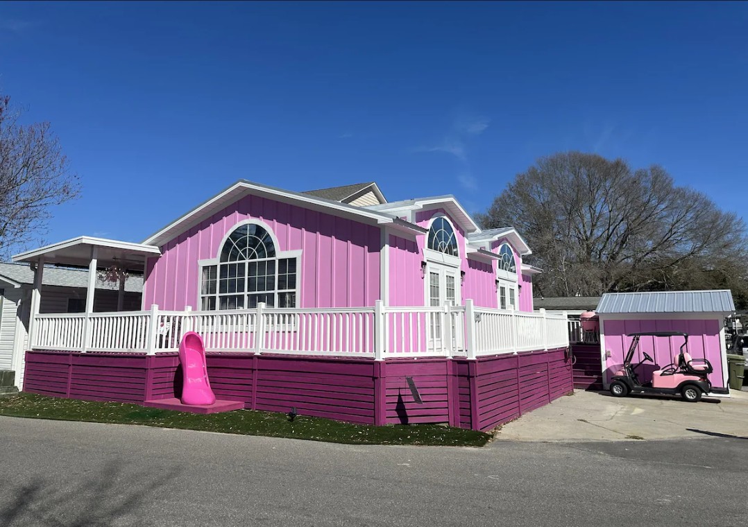 Barbie's Beach House in Ocean Lakes with a pink golf cart